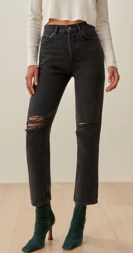 Reformation Black Straight Leg Ripped Jeans